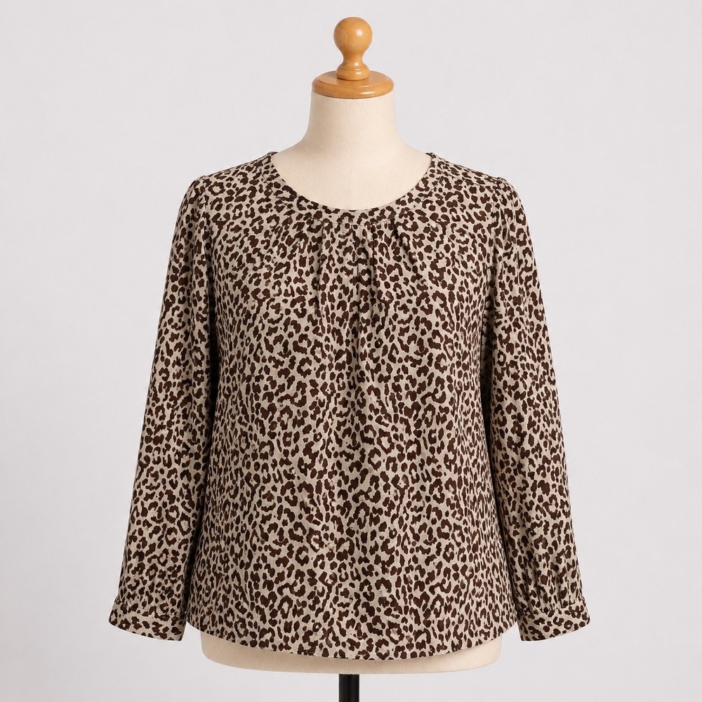 J.Crew Womens Leopard Print 100% Linen Pleated Blouse Brown Tan 82061 Size 4 NWT